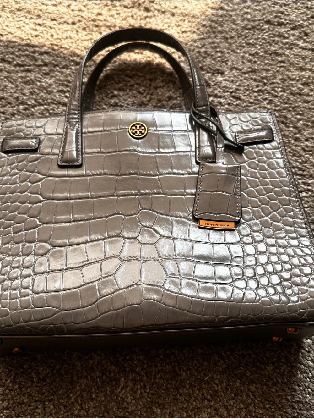Tory Burch Gray Croc-Embossed Satchel with Gold Logo, missing long strap
